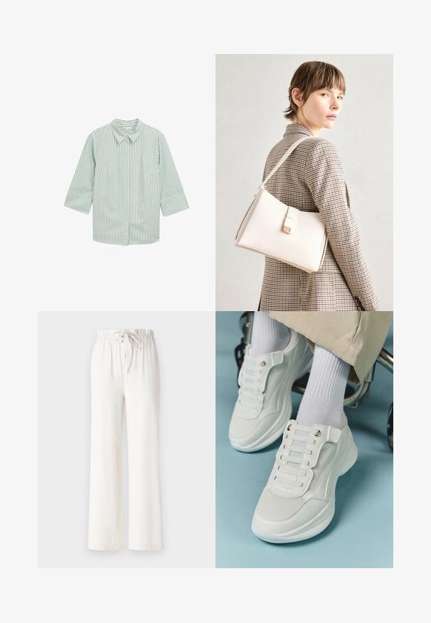 Grün-weiße gestreifte Hemdbluse mit Kragen, Dreiviertelärmel und zwei Vorderaschen. Weicher Stoff mit glatter Textur.; Weiße weite Hosen aus weichem Stoff, mit einem Kordelzugbund und glatter Textur. Keine Muster oder Verzierungen sichtbar.; Weiße Sneaker aus Mesh-Material, mit Gummisohle, schnürfreiem Design mit elastischen Bändern und goldfarbenen Akzenten.; Weiße Lederhandtasche mit strukturiertem Design, ausgestattet mit einem Magnetverschluss und einem Schulterriemen, präsentiert vor einem neutralen Hintergrund.