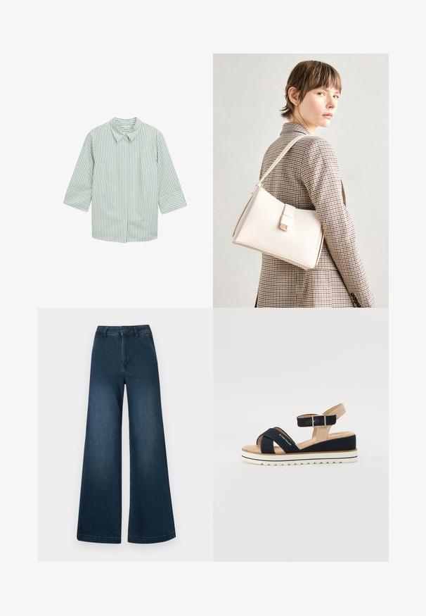 Green and white striped button-up shirt with a collar, three-quarter sleeves, and two front pockets. Soft fabric with a smooth texture.; Dark blue high-waist wide-leg denim jeans with front pockets and belt loops on a white background.; Navy blue sandal with two fabric straps, adjustable ankle strap, and textured beige back. Thick, white, scalloped sole. Brand printed on strap.; White leather handbag with a structured design, featuring a magnetic clasp and a shoulder strap, showcased against a neutral background.