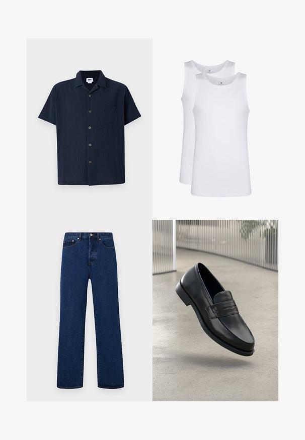 Korte mouw donkerblauwe shirt van textuurstof, met een kraag, een borstzak en zes knopen aan de voorkant.; Witte katoenen tank tops, mouwloos ontwerp, ronde hals, effen textuur, gemaakt van een zachte, lichtgewicht stof. Twee stuks tentoongesteld.; Donkerblauwe denim jeans met een rechte pijp, voorzien van oranje stiksels, een knoopsluiting en twee voorkantzakken met contrasterende klinknagels.; Zwarte leren loafer met een gladde textuur, spitse neus en een decoratieve band over de wreef. Lichtgewicht zool, minimalistisch ontwerp.