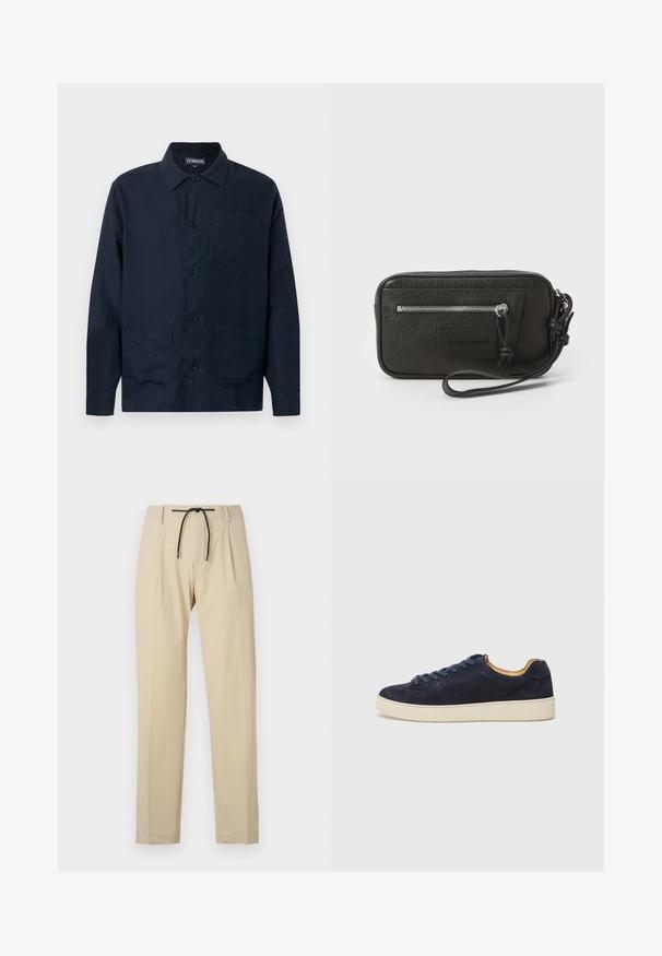 Pánska tmavo námornícka košeľa z ľanu, s dlhými rukávmi, golierom, uzatváraním na gombíky a tromi prednými vreckami, vrátane jedného náprsného vrecka.; Béžové nohavice s rovný fit, so sťahovacím pásom, plisovaným predným dielom a hladkým povrchom. Jednoduchý, všestranný dizajn.; Námornícky semišové nízkopoložené tenisky s okrúhlou špičkou, krémovou gumovou podrážkou a zodpovedajúcimi šnúrkami; majú kontrastnú hnedú vnútornú podšívku.; Čierna kožená kabelka s textúrovaným povrchom, predná zipová vrecko a odnímateľný remienok na zápästie. Obsahuje logo nášivku na prednej strane. Obdĺžnikový tvar.