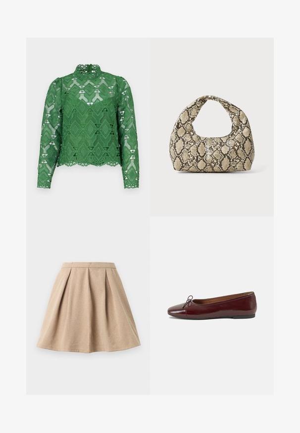 Zaļš mežģīņu tops ar garām piedurknēm, augstu kaklu un dimanta raksta audumu. Detalizēts viļņots apakšmala un sarežģīts izgriezums.; Brūna plīšu svārku, kas izgatavota no teksturēta auduma, ar pieguļošu jostas daļu un izplestu dizainu, kas sasniedz vidusceli.; Burgundijas laku ādas baleta kurpes ar noapaļotu purngalu, nelielu loku akcentu priekšā un zemu melnu gumijas zoli. Gluda tekstūra.; Čūsku raksta soma ar izliekto rokturi. Izgatavota no teksturētiem, bēšiem un brūniem materiāliem, ar izteiksmīgu dimanta rakstu.