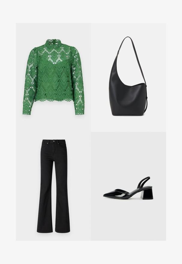 Top en dentelle verte à manches longues, col montant et tissu à motif en losanges. Ourlet festonné détaillé et design découpé complexe.; Jeans évasés noirs en denim avec une taille haute, comportant cinq poches, une fermeture à bouton à l'avant et une fermeture éclair, texture lisse.; Escarpins en cuir verni noir avec bout pointu et talon bloc géométrique. Présente un design élégant et minimaliste ainsi qu'une texture lisse.; Sac hobo en cuir noir avec une texture lisse, une forme incurvée et une seule sangle réglable ; dispose d'une large ouverture en haut.