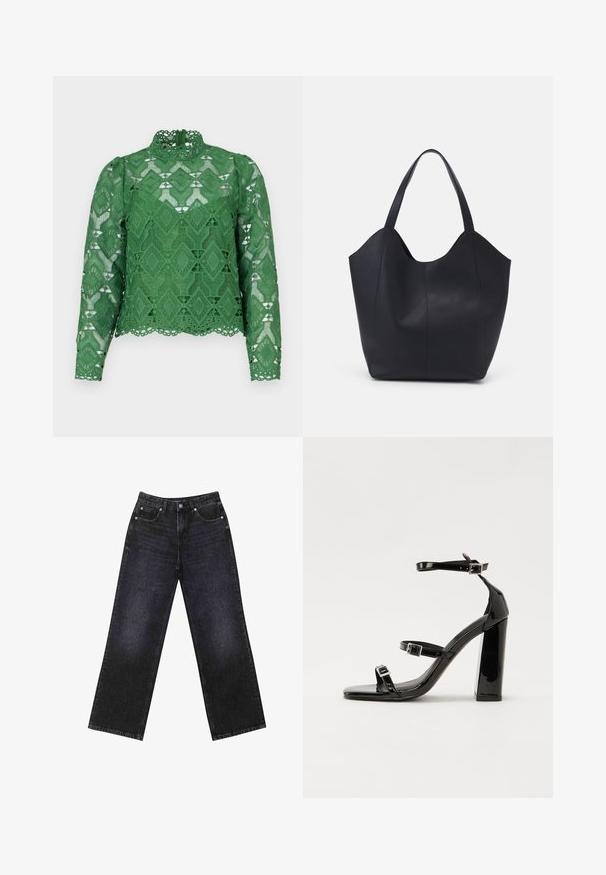 Top in pizzo verde con maniche lunghe, collo alto e tessuto a motivo diamante. Orlo scallopato dettagliato e design a intaglio intricato.; Jeans in denim neri a vita alta con un taglio a gamba larga, design a cinque tasche e cuciture visibili. Il tessuto ha una finitura liscia e leggermente tessurizzata.; Sandali con tacco in vernice nera, con punta squadrata, cinturini alla caviglia e fibbie in argento. Presentano un tacco a blocco spesso per maggiore stabilità.; Borsa tote nera realizzata in pelle liscia, con una parte superiore curva e aperta, dotata di due manici per spalla e un design minimalista.