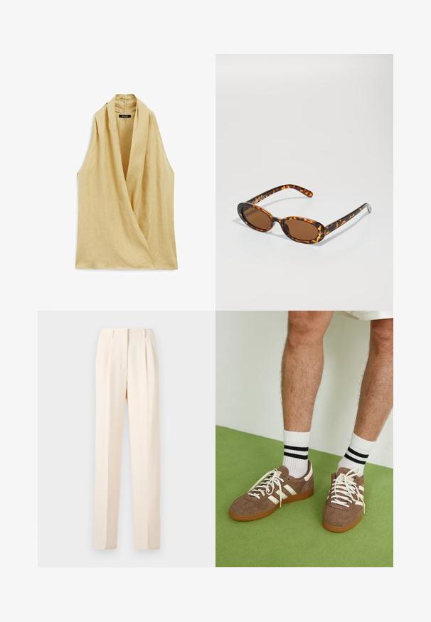 Blusa senza maniche in lino beige chiaro, con design avvolgente e collo alto. Texture liscia con dettagli di cuciture minime.; Pantaloni beige su misura con pieghe, caratterizzati da una vestibilità dritta e una texture liscia. La vita è pulita, senza hardware visibile.; Sneaker in suede marrone con dettagli e lacci bianchi. Suola in gomma color gomma. Indossati con calzini bianchi con righe nere. Pavimento verde texturizzato.; Occhiali da sole tartaruga con montatura ovale, lenti marroni e astine nere sottili con accenti di pattern discreti.; Borsa a tracolla in pelle intrecciata marrone con una forma triangolare morbida. Presenta una maniglia intrecciata e una chiusura con zip lungo la parte superiore.