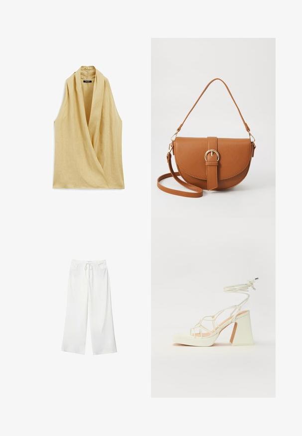 Mouwloze blouse in lichtbeige linnen, met een wikkelontwerp en een hoge hals. Gladde textuur met minimale stikdetails.; Witte wijde broek van zacht materiaal, met een koordsluiting in de taille en twee steekzakken. Soepele textuur en geen zichtbare patronen.; Witte hoge hakken sandaal met een chunky hak, met een bandjesontwerp en enkelband. Gladde textuur met een plateau voor extra hoogte.; Bruine leren schoudertas met een gebogen vorm, gouden hardware en een gespaccent. Bevat een afneembare schouderriem.