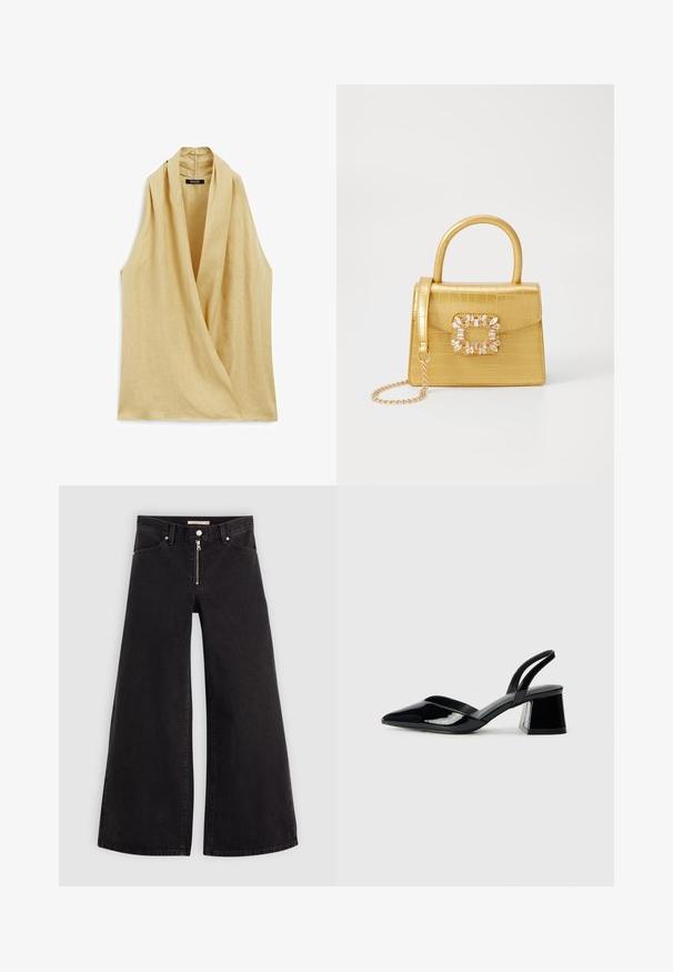 Sleeveless blouse in light beige linen, featuring a wrap design and a high neck. Smooth texture with minimal stitching detail.; Wide-leg jeans in black denim with a zippered front, five-pocket design, and subtle stitching details. Smooth texture and casual style.; Black patent leather slingback heels with a pointed toe and a geometric block heel. Features a sleek, minimal design and smooth texture.; Yellow faux-crocodile handbag with a structured design, top handle, detachable chain strap, and decorative crystal embellishment on the clasp.