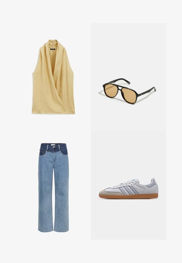 Blusa senza maniche in lino beige chiaro, con design avvolgente e collo alto. Texture liscia con dettagli di cuciture minime.; Jeans a gamba larga in denim azzurro chiaro con vita alta, design a cinque tasche e una toppa blu scuro a contrasto sul davanti.; Sneakers bianchi in pelle con dettagli azzurri chiari, punta in suede grigia e suola in gomma marrone. Presentano tre strisce blu e il marchio "Samba".; Occhiali da sole neri con lenti a sfumatura marrone; forma rettangolare con una montatura spessa, inclusi sottili dettagli metallici sulle astine.