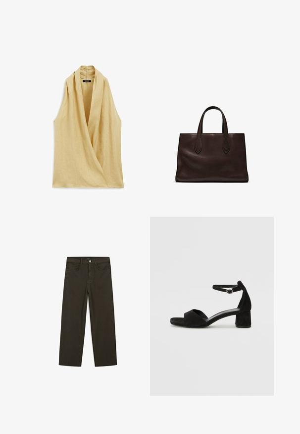 Blusa senza maniche in lino beige chiaro, con design avvolgente e collo alto. Texture liscia con dettagli di cuciture minime.; Jeans a gamba larga di colore verde scuro, realizzati in tessuto misto cotone, dotati di chiusura con bottone frontale, cinque tasche e cuciture classiche in denim.; Sandali con tacco in suede nero, con una sottile fascia alla caviglia, design open toe e un discreto tacco a blocco. Texture liscia e decorazioni minime.; Borsa a spalla in pelle marrone con due manici lunghi, forma rettangolare strutturata, texture liscia e dettagli di cucitura sottili.