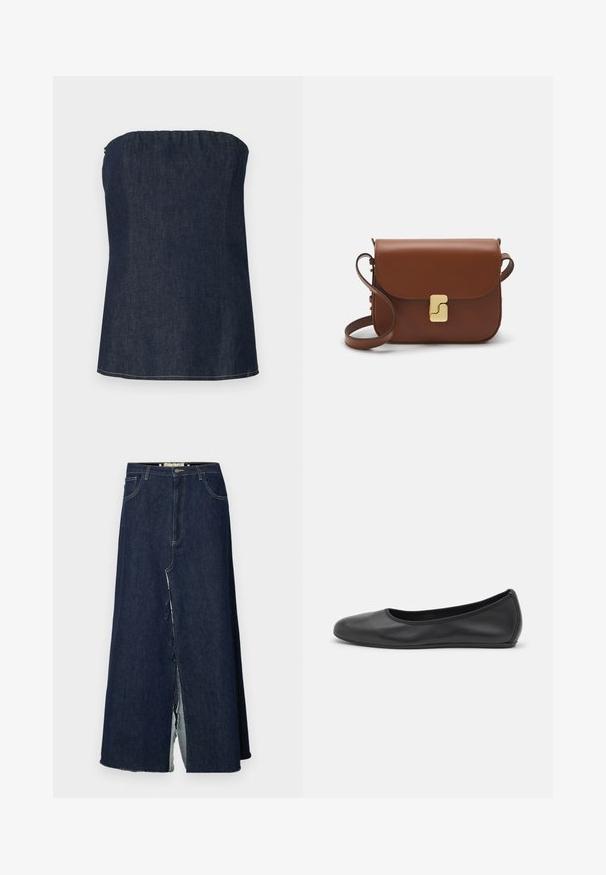 Denim tube top in dark blue, featuring a gathered neckline and clean hem. Smooth texture and minimal stitching detail.; Dark blue denim long skirt with a front slit. Features traditional five-pocket design and visible stitching accents. Hem is frayed.; Black leather ballet flat with a rounded toe, smooth texture, minimal stitching detail, and a flexible sole design.; Brown leather handbag with a flap closure, gold-tone hardware, a shoulder strap, and a smooth texture. Compact rectangular shape.