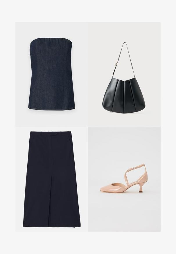 Denim tube top i mørkeblå med en sammensunket halsudskæring og en ren kant. Glat tekstur og minimal syning.; DESIGNERS REMIX SCOTT LONG SKIRT - Maxinederdele - navy; Casadei CHARLOTTE TIFFANY - Pumps - sand; Sort læder skuldertaske med plisseret design, glat tekstur, enkelt strop og en diskret guldhardware accent.