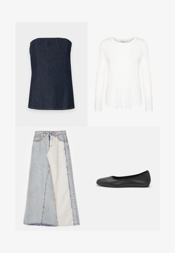 Džínsový crop top v tmavomodrej farbe, s na gathered výstrihom a čistým lemom. Hladká textúra a minimálne šitie.; Biele tričko s dlhým rukávom a okrúhlym výstrihom. Vyrobené z hladkého materiálu so priliehavým strihom. Visačka viditeľná na krku. Bez vzorov či akcentov.; Džínová sukňa s patchworkovým dizajnom, obsahujúca svetlomodré a stredne modré časti, s roztrhnutými okrajmi a vysokým pásom. Klasický štýl s piatimi vreckami.; Čierne kožené baleríny s okrúhlou špičkou, hladkým povrchom, minimálnym prešívaním a flexibilným dizajnom podrážky.