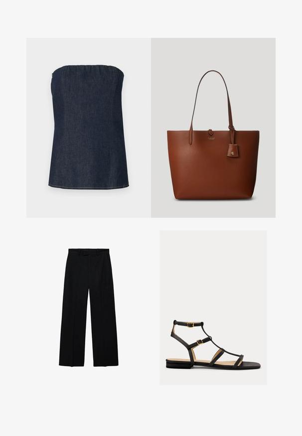 Jeansowa bluzka w kształcie tuby w ciemnoniebieskim kolorze, z zebranym dekoltem i czystym wrzciągiem. Gładka tekstura i minimalne detale szwów.; Czarne, wysokie spodnie z szerokimi nogawkami, z pętelkami na pasek i bocznymi kieszeniami, z zamkiem błyskawicznym z przodu oraz zapięciem na guzik.; Czarne płaskie sandały z wieloma paskami, z elementami w kolorze złotym i gładką teksturą. Niski profil z wyściełaną podeszwą.; Brązowa torba z chropowatej skóry z dwoma uchwytami, małą przymocowaną metką i subtelnym logo z przodu. Gładka tekstura i wyraźny kształt.