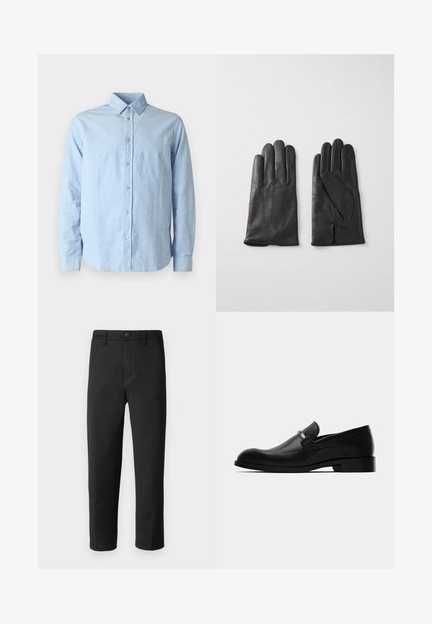 Samsøe Samsøe LIAM SHIRT - Camisa - light blue; Pantalones negros de corte recto, hechos de una tela lisa. Cuentan con un cierre de botón y trabillas para cinturón. Sin patrones ni acentos visibles.; Mocasín negro de cuero para hombres con detalle de hebilla metálica, tacón bajo y suela con marca, visto de lado sobre un fondo blanco.; Guantes de cuero negro con cinco dedos, que presentan costuras decorativas. El interior cuenta con un forro suave y un diseño de dedo índice abierto.