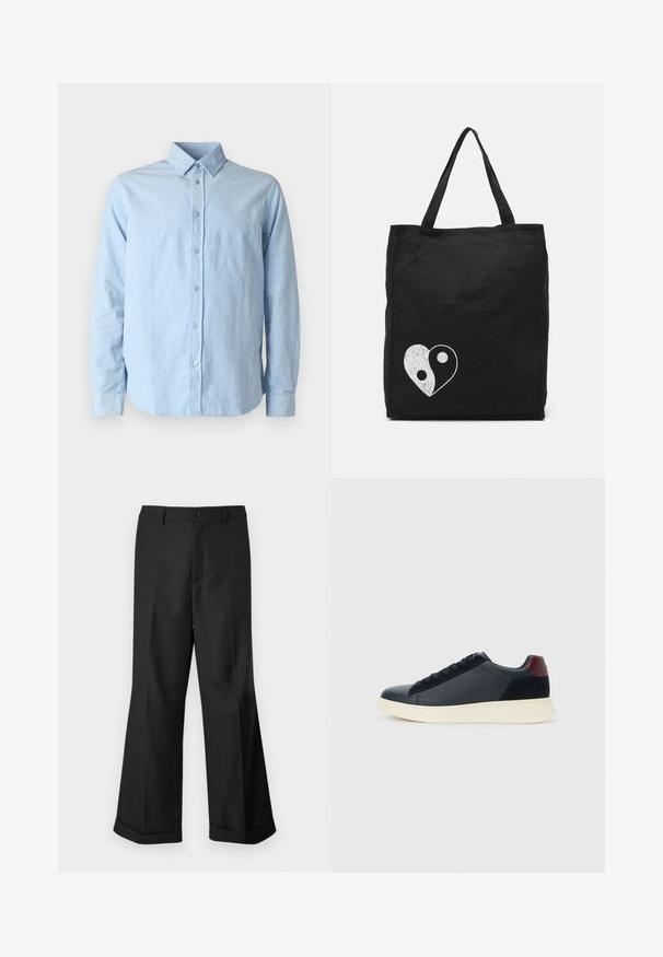 Samsøe Samsøe LIAM SHIRT - Shirt - light blue; Black wide-leg trousers with buttoned waistband and cuffed hems, displayed against a plain white background.; Low-top men's sneaker in black leather and suede with maroon heel tab and white rubber sole, viewed from the outer side.; Black tote bag made of canvas, featuring a white yin-yang heart graphic. Two sturdy handles for easy carrying. Simple rectangular design.