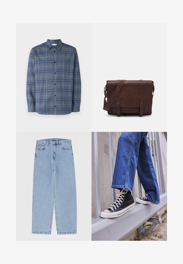Blau- und grau kariertes Hemd mit Knopfkragen, langen Ärmeln, Frontknopfschluss und geradem Saum. Leichtes Gewebe.; Langärmliges, weißes T-Shirt aus weicher Baumwolle. Rundhalsausschnitt mit geraden Saumabschlüssen und ohne sichtbare Muster oder Grafiken.; Hellblaue Jeans aus Denim mit geradem Bein, ausgestattet mit einer mittelhohen Taille, fünf Taschen sowie einem Knopf- und Reißverschluss.; Schwarze High-Top-Sneaker mit weißer Sohle und Schnürsenkeln, kombiniert mit lockeren blauen Jeans, die auf einem grauen Geländer ruhen.; Braune Leder-Umhängetasche mit einer flachen Vorderklappe, zwei Riemen, goldenen Hardware-Akzenten und einem verstellbaren Schultergurt.