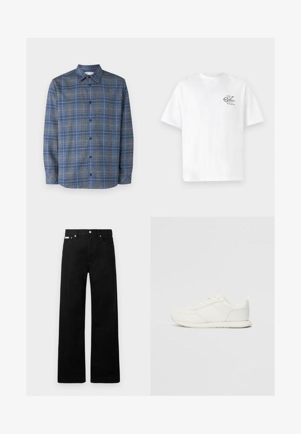 Camisa a cuadros azul y gris con cuello abotonado, mangas largas, cierre frontal de botones y dobladillo recto. Textura de tela ligera.; Camiseta blanca de algodón con mangas cortas, cuello redondo, que presenta un logotipo negro de CK en la parte izquierda del pecho, ajuste estándar, textura suave.; Pantalones de mezclilla negros con un diseño de pierna ancha, que cuentan con cinco bolsillos y herrajes de botón metálico. Textura suave, sin patrones visibles.; Zapatilla blanca con parte superior de malla y sintético, puntera redonda, cordones planos y una franja lateral texturizada. Suela de goma con un tirador en la parte posterior.