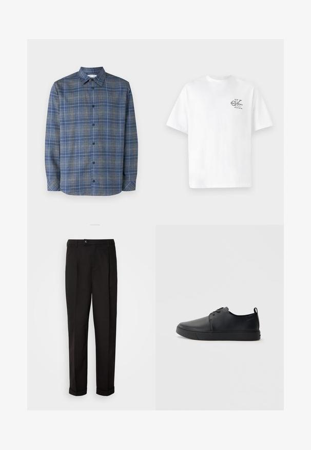 Blå og grå ternet skjorte med knap-डाउन krave, lange ærmer, front knaplukning og lige kant. Letvægts stofstruktur.; Hvid bomulds t-shirt med korte ærmer, rund hals, med et sort CK-logo på venstre brystområde, standard pasform, glat tekstur.; Sorte bukser med en glat tekstur, som har lige snit, to forlommer og en enkelt knaplukning i taljen.; Sorte lædersneakers med en glat finish, rund tå, tonalt syning, snøring foran og en flad gummisål. Løkke ved hælen.