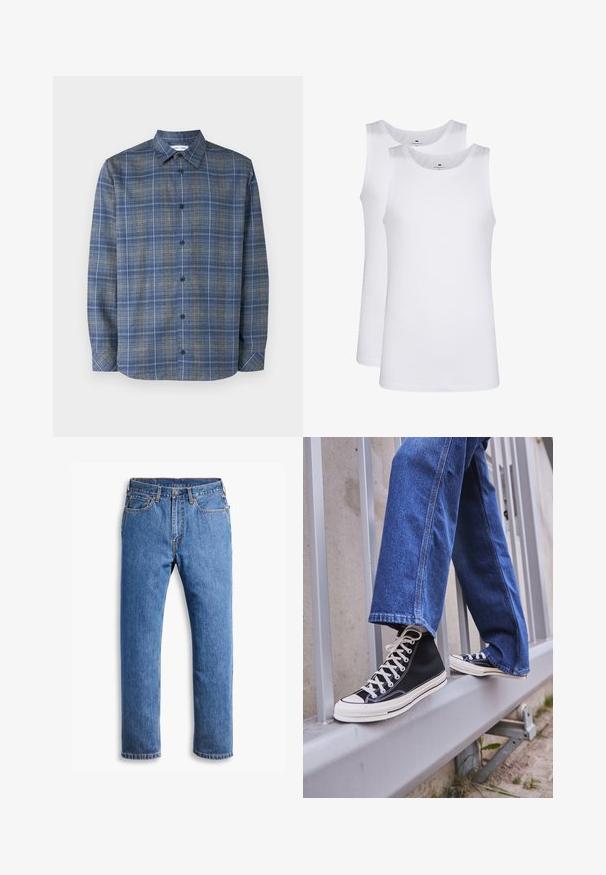 Niebieska i szara koszula w kratkę z kołnierzykiem na guziki, długimi rękawami, zapinana na guziki z przodu i prostym dołem. Lekka tkanina.; Białe bawełniane topy na ramiączkach, bez rękawów, okrągły dekolt, gładka faktura, wykonane z miękkiej, lekkiej tkaniny. Wyeksponowane dwa egzemplarze.; Niebieskie dżinsy o prostym kroju, z pięcioma kieszeniami, z zapięciem na guzik i pomarańczowymi przeszyciami na czystym białym tle.; Czarne sneakersy za kostkę z białą podeszwą i sznurówkami, w połączeniu z luźnymi niebieskimi dżinsami, opierające się na szarym balustradzie.