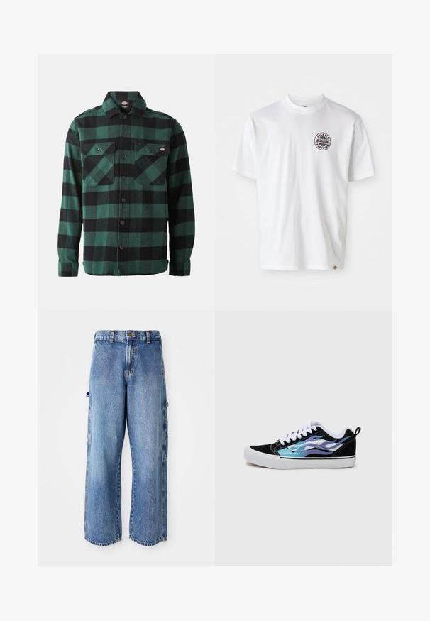 Zeleno-črna karo flanelasta srajca z dolgimi rokavi, gumbasto zapiranje spredaj, dvema žepoma na prsih in klasičnim ovratnikom. Mehek material, vsestranska zasnova.; Bela bombažna majica s krožnim logotipom na prsih. Ovratnik v krogu, kratki rokavi, sproščen kroj, z rdečimi in črnimi detajli.; Svijetloplave traper cargo hlače širokog kroja, koje imaju bočne džepove, izlizanu teksturu i blago strgane rubove.; Črne semšene superge z belo gumijasto podplatom. Imajo iridescentne modre in vijolične plamene. Bež vezalke in zadnji traku za lažje obuvanje.