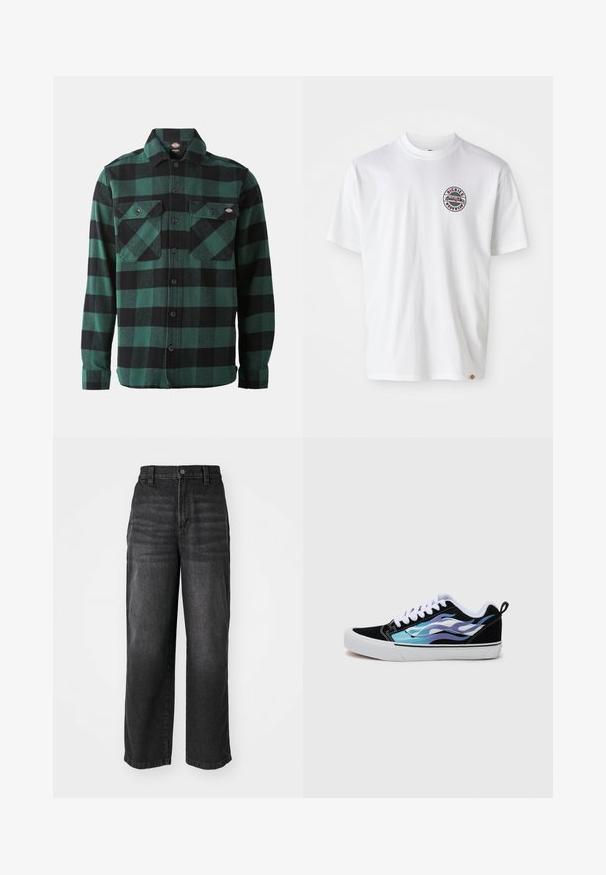 Camisa de flanela com padrão xadrez verde e preto, de mangas compridas, com fecho de botões na frente, dois bolsos no peito e colarinho clássico. Textura suave, design versátil.; Camiseta de algodão branca com um logótipo redondo no peito. Decote redondo, mangas curtas, corte solto, apresentando detalhes em vermelho e preto.; Calças largas em denim preto com uma cintura alta, fecho de botão e design de cinco bolsos. Textura suave com um acabamento ligeiramente desbotado.; Sneakers de camurça preta com uma sola de borracha branca. Apresentam padrões de chamas iridescentes azuis e roxas. Cadarços brancos e uma alça traseira.