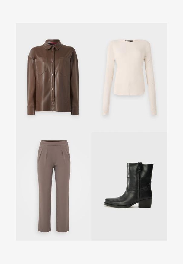 Rjav srajčni jakna iz umetnega usnja s ovratnikom, sprednjim gumbom za zapiranje in dvema žepoma na prsih. Ima gladko teksturo in krojen fit.; Dolga majica v svetlo bež barvi s okroglim izrezom. Narejena iz mehkega materiala, ima osrednji šiv in rahlo ukrivljen rob. Ni vidnih elementov.; Taupe hlače širokega kroja z elastičnim pasom in sprednjimi gubi, narejene iz gladkega materiala.; Črne usnjene gležnjarje z zaobljenim nosom, blok peto, stransko zadrgo in šivanjem na vampu. Gladka tekstura, klasična zasnova.