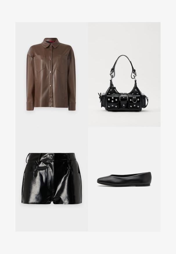 Ruskea tekonahkainen paita takki, jossa on kauluspääntie, etupainonappikiinnitys ja kaksi rintataskua. Ominaisuuksiin kuuluu sileä pinta ja muotonsa pitävä istuvuus.; Lyhyet mustat kiiltävät shortsit, jotka on valmistettu synteettisestä materiaalista. Niissä on hyvä istuvuus vyötäröllä, vyölenkit ja etutaskut, joissa on näkyvät ompeluyksityiskohdat.; Paul Smith TOPANGA - Ballerinat - black; Musta nahkainen käsilaukku, jossa on kaareva muotoilu, hopeiset niitit, solki ja kaksi sivutaskua. Säädettävä olkahihna erilaisiin kantovaihtoehtoihin.