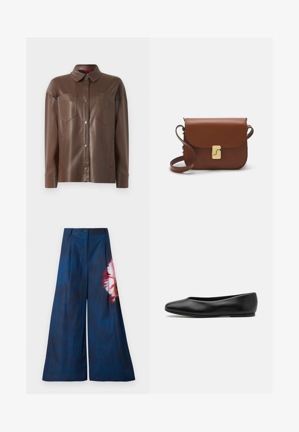 Braune Kunstleder-Hemdjacke mit Kragen, vorderem Knopfverschluss und zwei Brusttaschen. Sie hat eine glatte Textur und eine taillierte Passform.; Weite Hosen aus dunkelblauem Stoff mit einem floralen Muster in Rosa und Gelb auf einer Seite und einem Knopfverschluss an der Taille.; Paul Smith TOPANGA - Klassischer Ballerina - black; Braune Ledertasche mit Klappenverschluss, Beschlägen in Goldfarbe, einem Schultergurt und einer glatten Oberfläche. Kompakte rechteckige Form.