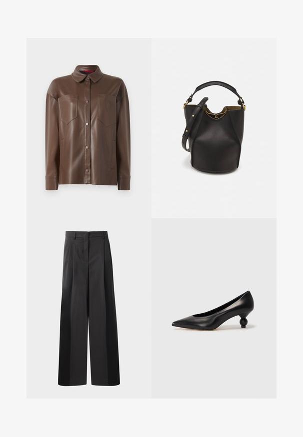 Brūns mākslīgās ādas krekla jaka ar apkakli, priekšējo pogu aizdari un divām krūšu kabatām. Iezīmējas ar gludu tekstūru un pieguļošu fitu.; Melni platajā kājās bikses ar augsto jostasvietu, kas ar priekšējiem krokām, gludu tekstūru un pielāgotu apdari. Veidotas relaksētai piegrieztei.; Melnas ādas augstpapēžu kurpes ar smailu purngalu un apaļu papēdi. Gluda tekstūra ar elegantu, minimālistisku dizainu.; Melnas ādas spainīša somas ar teksturētu apdari, zelta metāla aksesuāriem un atvērtu augšu. Piedāvā īsu rokturi un regulējamu plecu siksnu.