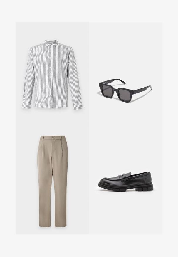 Cămașă cu mâneci lungi, cu nasturi, de culoare gri deschis, cu dungi verticale albe. Are un guler clasic și manșete cu un model în dungi.; Tricou scurt cu mânecă albă, realizat dintr-un material moale. Guler rotund, croială lejeră și design simplu, fără broderii sau modele.; Pantaloni kaki cu un design drept, având un sistem de închidere cu buton și un față pliată. Construiți dintr-o țesătură netedă cu un finisaj mat.; Loaferi din piele neagră cu un finisaj neted, având un detaliu cu bretea frontală și o talpă din cauciuc masivă cu accente striate.; Ochelari de soare negri, de formă rectangulară, cu lentile închise, având un cadru gros, accente subtile pe margini și fără logo-uri vizibile în afară de numele brandului.