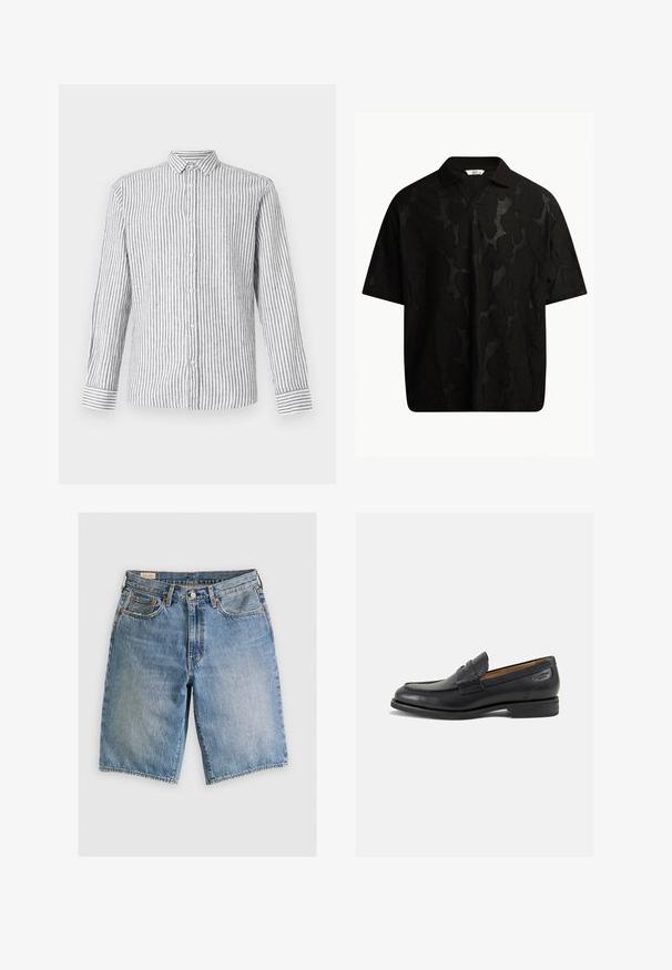 Langermet knappskjorte i lys grå med hvite vertikale striper. Har klassisk krage og mansjetter med stripemønster.; Svart kortermet polo skjorte med et teksturert, abstrakt mønster. Kragen er flat og litt åpen, noe som gir et mer avslappet design.; Lys blå denimshorts med klassisk snitt. Har fem lommer, oransje sømdetaljer og ukontrollerte kanter.; Sorte lær loafers med en glat overflade, rund tå og dekorativ syning på forfoden. Lav stablet hæl og let glans.