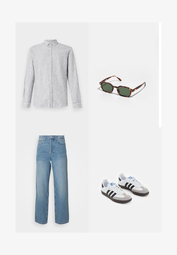 Långärmad skjorta med knappar i ljusgrått med vita vertikala ränder. Har en klassisk krage och manschetter med ett randigt mönster.; Höga ljusblå denimjeans med raka ben, knappstängning fram och femficksdesign på enfärgad bakgrund.; Sportskor med överdel i vit läder, grå mocka på tårna och tre svarta ränder. Har en blå logotyp på tungan och en texturerad gummisula.; Sköldpaddsbeslag av solglasögon med gröna linser, vinklade i en oktagonal form och med smala, böjda skalmar. Materialet har en glansig yta.