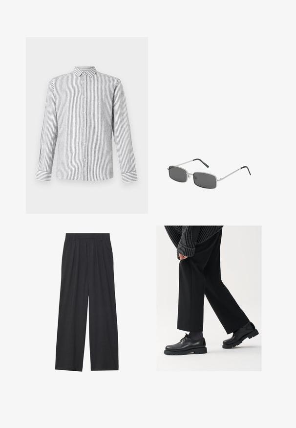 Long-sleeve button-up shirt in light gray with white vertical stripes. Features a classic collar and cuffs with a striped pattern.; Wide-leg trousers made of dark gray fabric. Features pleats at the waist, a tailored design, and a straight silhouette.; Black leather shoes with a rounded toe, lace-up design, and thick, textured sole. Worn with tailored black trousers and a ribbed sweater.; Rectangle-shaped sunglasses with dark gray lenses, thin silver metal frame, and black rubber-coated temple tips. Minimalist design.