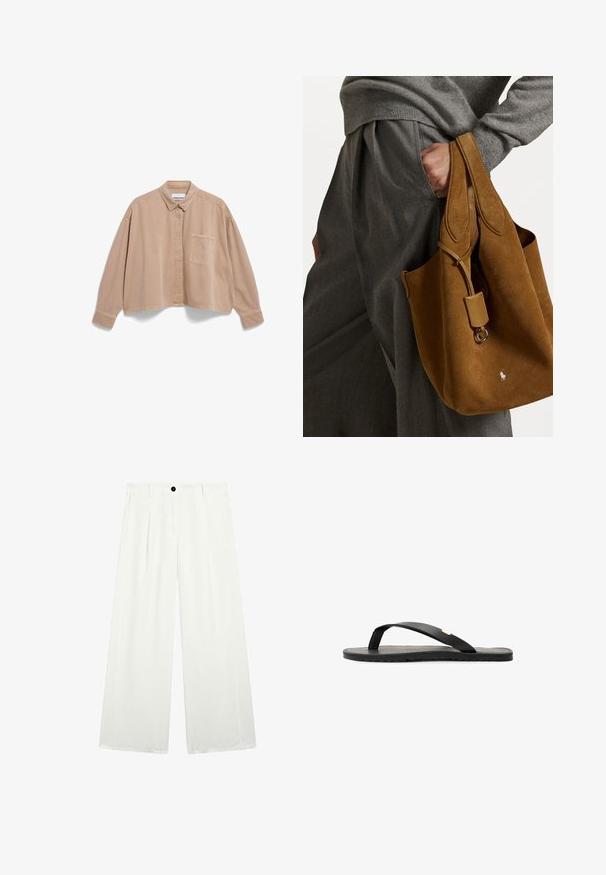 Beige, kurz geschnittenes Hemd aus weichem Stoff, mit spitzem Kragen, einer Brusttasche und genähten Details an den Nähten.; Weite Hosen aus weißem Stoff, mit einem einzelnen schwarzen Knopf an der Taille, zwei Fronttaschen und einer glatten, klaren Textur.; Schwarze Flip-Flop-Sandale mit flacher Sohle, strukturiertem schwarzen Fußbett, glatten Riemen und einem kleinen goldenen Akzent nahe dem Zehensteg.; Braune Wildleder-Tote mit runder Form, doppelten Griffen und einem metallischen Hardware-Accessoire. Mit einem kleinen Logo auf der Vorderseite.