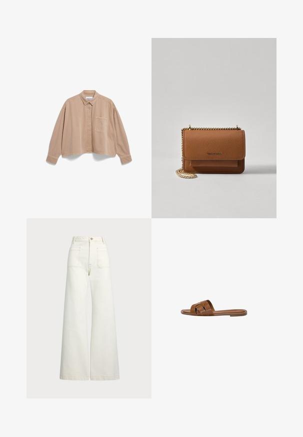 Cropped beige button-up shirt made of soft fabric, featuring a pointed collar, single chest pocket, and stitched detailing on seams.; Wide-leg jeans in off-white denim. High-waisted design with a button closure, two front pockets, and contrast stitching details.; Brown leather slide sandal with crossed straps, flat sole, and a smooth texture. Simple design without embellishments or patterns.; Brown textured leather crossbody bag with gold chain strap and flap closure. Front features logo detail and a pocket under the flap.