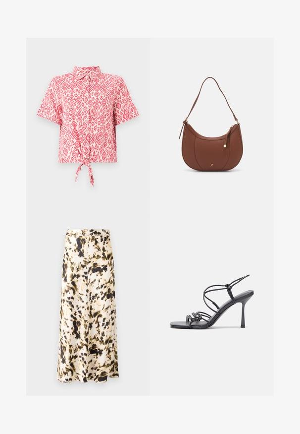 Kortærmet button-up skjorte med et pink og hvidt diamantmønster, med en knyttet detalje i taljen. Letvægts stofstruktur.; En knælang nederdel i et let stof med et abstrakt mønster i beige, brun og grøn. Har en tætsiddende talje og en bølgende design.; Sorte højhælede sandaler med tynde stropper og en knyttet design, en glat firkantet tå og en slank stiletto hæl.; Brun faux læder skuldertaske med buet form, minimal syning og en guldtonet hardwaredetalje. Har en top lynlåslukning og justerbar rem.