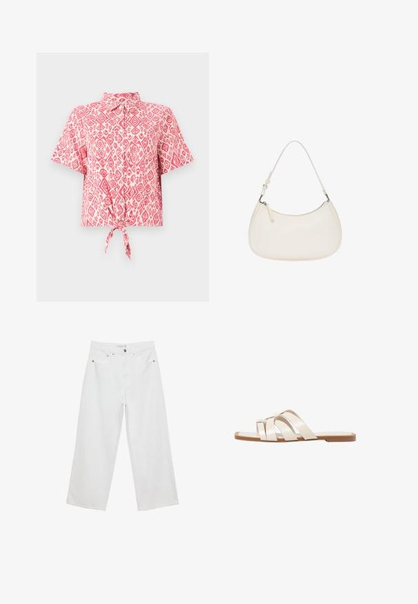 Košeľa s krátkym rukávom, s gombíkmi, zdobená ružovým a bielym diamantovým vzorom, s uzlom v páse. Ľahký textil.; Biele široké džínsy z denimu s vysokým pásom, vybavené piatimi vreckami a kovovými doplnkami. Hladká textúra, žiadne viditeľné vzory.; Ploché sandále s hnedou gumovou podrážkou, navrhnuté s tromi prekrývajúcimi sa bielymi koženými popruhmi a malou mašličkou uprostred.; Biela kožená kabelka s oblým tvarom, nastaviteľným popruhom a vrchným zipsom. Hladká textura s minimálnymi kovovými detailmi.
