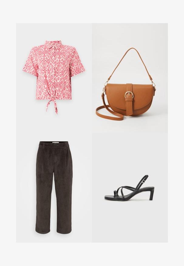 Kratkām piedurknēm, pogājamā krekla ar rozā un baltiem dimantu rakstiem, ar sasietu mezglu jostasvietā. Viegls auduma tekstūra.; Brūni korduroja bikses ar taisnā kāju dizainu, smalku tekstūru un priekšu ar pogu aizdari, kā arī sānu kabatām.; Melnas strappy sandales ar kvadrātveida purngaliem un zemu bloku papēdi. Ievērojamas ar vairākiem plāniem siksniņām un regulējamu potītes siksniņu. Izgatavotas no gludas ādas.; Brūns ādas plecu soma ar izliekta formu, zelta piederumiem un sprādzes akcentu. Iesaiņota ar noņemamu plecu siksnu.