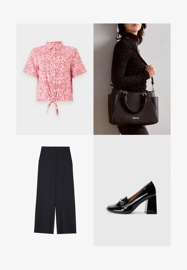 Camicia a maniche corte con bottoni, caratterizzata da un motivo a diamante rosa e bianco, con un dettaglio annodato in vita. Tessuto leggero.; Pantaloni a gamba larga in tessuto blu scuro, con una superficie liscia, pieghe frontali e occhielli decorativi in tono oro sui taschini laterali.; Scarpa con tacco alto in pelle verniciata nera con punta affusolata e tacco quadrato. Presenta un cinturino decorativo con dettaglio di fibbia sul collo del piede.; Borsa nera con superficie texturizzata, manici superiori doppi e tracolla regolabile. Dotata di hardware color oro e tasche laterali.