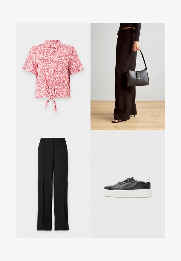 Kortærmet button-up skjorte med et pink og hvidt diamantmønster, med en knyttet detalje i taljen. Letvægts stofstruktur.; Sorte bukser med en lige ben design, der har to forreste folder, en talje og ingen synlige lommer eller dekorative elementer.; Kennel + Schmenger BANG - Sneakers - schwarz/bianco; Sort håndtaske med struktureret form, glat overflade og metalspænde. Sammen med brede sorte bukser og sandaler med åben tå på trægulv.