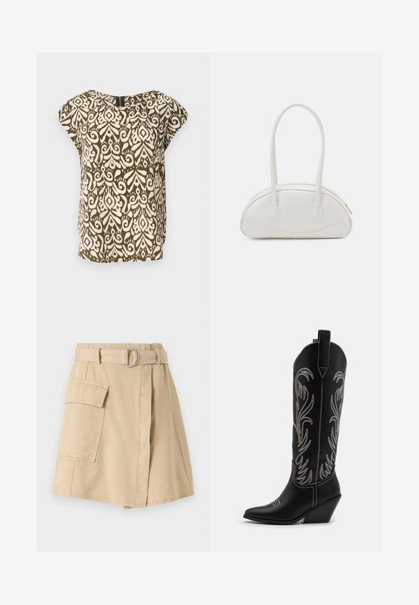 Lyhythihainen paita, oliivinvihreä, vaaleanbeige abstrakti kuosi, pyöreä pääntie, pehmeä kangas, löysä malli, hienovarainen takana oleva vetoketjydetail.; Beige puuvillane seelik, millel on küljetasku, vööd hõbedase rõngaga ja kerge A-line kuju. Sile tekstuur ja lihtne disain.; Mustat nahkasaappaat cowboy-tyyliin, joissa on terävät varpaat, viistot korot ja hopeiset brodeeratut kukkakuviot varressa. Eroava ompelu koko saappaassa.; Even&Odd Käsilaukku - off-white