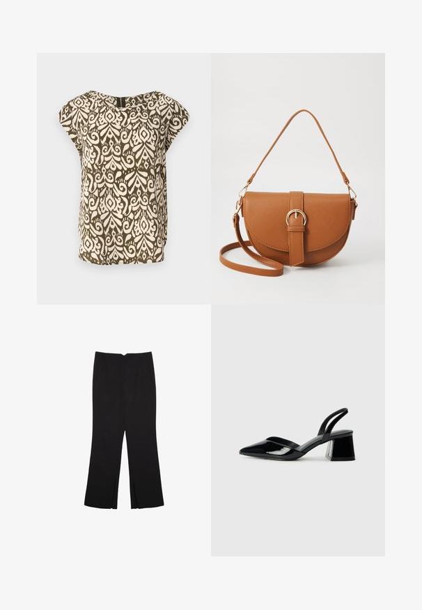 Majica kratkih rukava, maslinasto zelena s kremasto apstraktnim uzorkom, okrugli izrez, mekani materijal, slobodan kroj, suptilan detalj zatvarača na leđima.; Crne hlače ravnog kroja, s prednjim džepovima i bočnim prorezima na rubu. Izrađene od mekog i glatkog materijala. Pogodne za razne prigode.; Crne lakirane kožne sandale s otvorenom petom i špicastim vrhom, s geometrijskom blok petom. Imaju elegantan, minimalistički dizajn i glatku teksturu.; Smeđa kožna torba preko tijela s zakrivljenim oblikom, zlatnim metalnim detaljima i naglaskom na kopču. Ima odvojivu naramenicu.