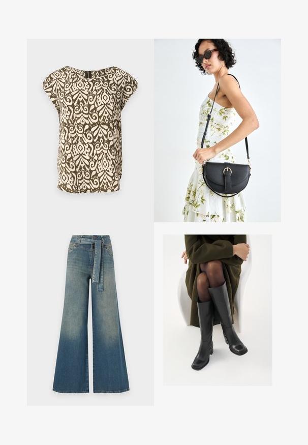 Korte mouwen overhemd, olijfgroen met crèmekleurig abstract patroon, ronde halslijn, zachte stof, losse pasvorm, subtiele ritsdetail aan de achterkant.; Wijduitlopende denim broek met een lichte naar donkere blauwe gradient, hoge taille, riemlussen en een bijpassende stoffen riem. Gestructureerde denimafwerking.; Knieschijf hoge zwarte leren laarzen met een vierkante neus en blokhak, getoond met een model dat zit in een olijfgroene jas. Gladde textuur, minimale details.; Zwarte leren handtas met een gebogen vorm, afneembare schouderband en gouden hardware. De tas heeft een klep met een gespsluiting.