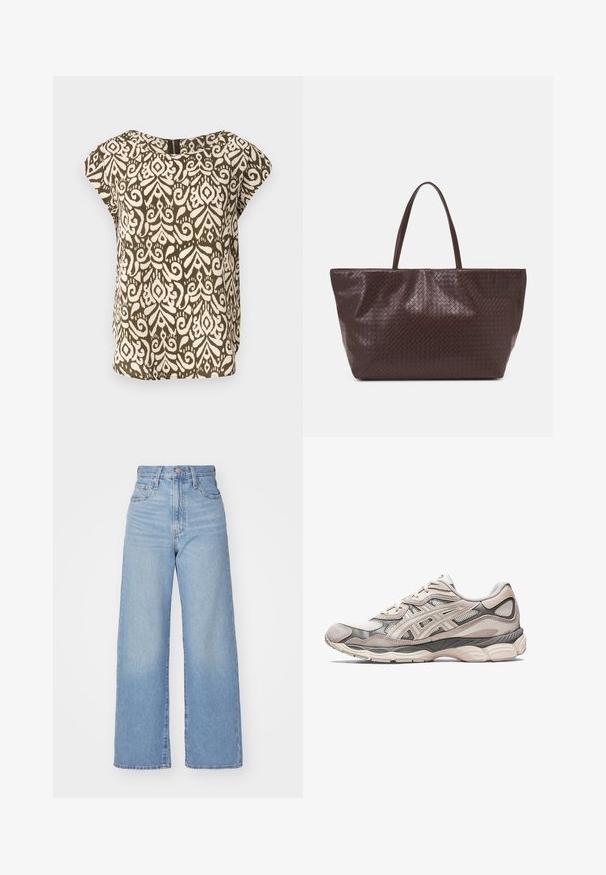 Chemise à manches courtes, vert olive avec un motif abstrait crème, encolure arrondie, tissu doux, coupe ample, fermeture éclair discrète dans le dos.; Jean large taille haute bleu clair avec bouton et fermeture éclair à l'avant, poches avant et arrière, sur fond blanc.; Baskets de sport gris clair avec une tige en mesh et en daim. Présente une semelle rembourrée, des superpositions prononcées et un design structuré.; Sac à tote en cuir tressé marron avec deux poignées, une forme structurée et une surface texturée, présentant un motif en losanges sur toute sa surface.