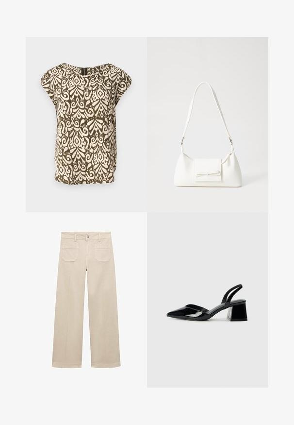 Camicetta a maniche corte, verde oliva con motivo astratto crema, scollatura rotonda, tessuto morbido, vestibilità ampia, particolare chiusura con zip sul retro.; Pantaloni beige a gamba larga in cotone. Presentano una chiusura con zip, un bottone frontale e due tasche applicate sul retro. Orlo pulito senza decorazioni.; Décolleté in vernice nera con punta affusolata e tacco in geometria cubica. Presentano un design elegante e minimalista, con una texture liscia.; Borsa sintetica bianca a forma triangolare, con patta anteriore piatta e dettaglio a fiocco, tracolla regolabile, texture liscia e design minimalista.