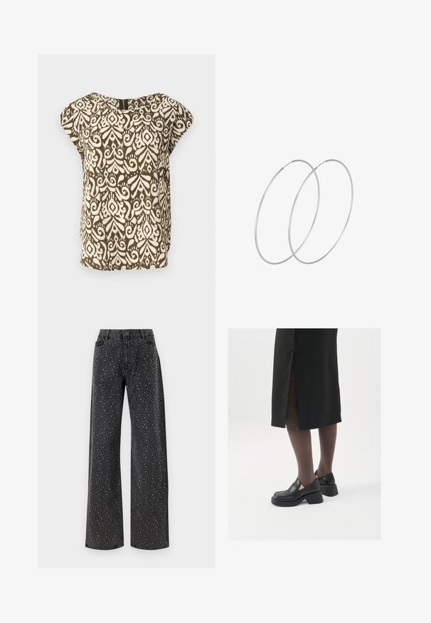 Short-sleeve shirt, olive green with cream abstract pattern, rounded neckline, soft fabric, loose fit, subtle back zipper detail.; Noisy May NMJANNEL LOOSE - Relaxed fit jeans - black denim; Black leather shoes with a rounded toe, thick block heel, and elastic side accents, paired with dark tights and a black skirt with a slit.; Silver hoop earrings with a minimalist design. Circular shape, smooth texture, and thin profile. Lightweight with a polished finish.
