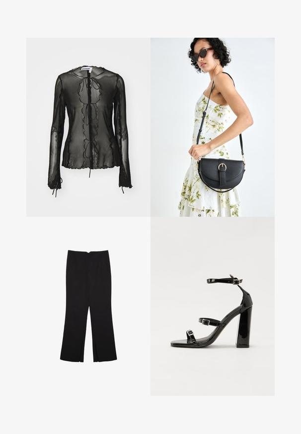 Čierna priesvitná blúzka s dlhým rukávom, s volánovým lemom, zatvorením na mašľu a textúrovanými detailmi pozdĺž okrajov. Ľahký materiál.; Čierne nohavice so strihom rovného strihu, s prednými vreckami a bočnými rozparkami na leme. Vyrobené z mäkkej, hladkej tkaniny. Vhodné na rôzne príležitosti.; Čierne lakované sandále na podpätku so štvorcovou špičkou, navlečenými remienkami okolo členku a striebornými prackami. Disponujú masívnym blokovým podpätkom pre stabilitu.; Čierna kožená kabelka s zaobleným tvarom, odnímateľným popruhom a zlatými doplnkami. Kabelka má klopu s detailom s prackou.