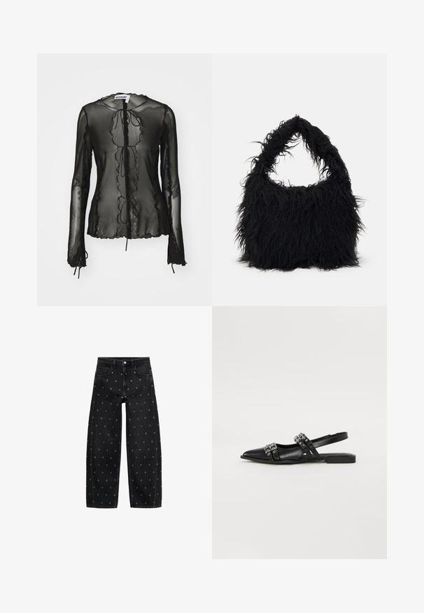 Blusa nera trasparente a maniche lunghe con orlo a scallop, chiusure con fiocco e dettagli testurizzati lungo i bordi. Tessuto leggero.; Jeans a gamba larga in denim nero con un motivo di piccoli occhielli in argento, dotati di un classico design a cinque tasche e chiusura con bottone.; Even&Odd Ballerine sling - black; Even&Odd Shopping bag - black