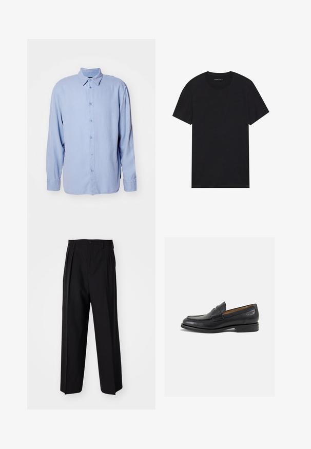 Lys blå knap-up skjorte lavet af blødt stof med klassisk krave, lange ærmer og frontknaplukning. Minimalistisk design, uden mønstre.; Sort bomulds t-shirt med korte ærmer og rund halsudskæring. Stoffet har en glat tekstur og et enkelt, ensfarvet design.; Sorte plisserede bukser med et lige, bred ben-design. Fremstillet af glat stof, med en knaplukning og bæltesløjfer.; Sorte læder loafers med en glat finish, rund tå og dekorativ syning på vampen. Lav stablet hæl og let glans.