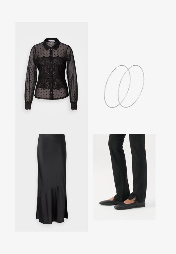 Mustat läpikuultavat paidat, joissa on pilkkuja ja pitsiyksityiskohtia, kauluksellinen malli, pitkät hihat, napitus sekä pitsireunaiset hihansuut.; Musta satiinimidihelma, jossa on tyylikäs muotoilu, hienovarainen flare helman kohdalla ja sivuaukko liikkumisen helpottamiseksi. Sujuva rakenne.; Musta nahkakengät balettityylillä, kärjessä terävä muoto, hihna hopeasoljella, yhdistetty mustiin räätälöityihin housuihin, joissa on halkiohelma.; Hopehope hopeilla, joissa on minimalistinen muotoilu. Pyöreä muoto, sileä pinta ja ohut profiili. Kevyet ja kiillotetut.
