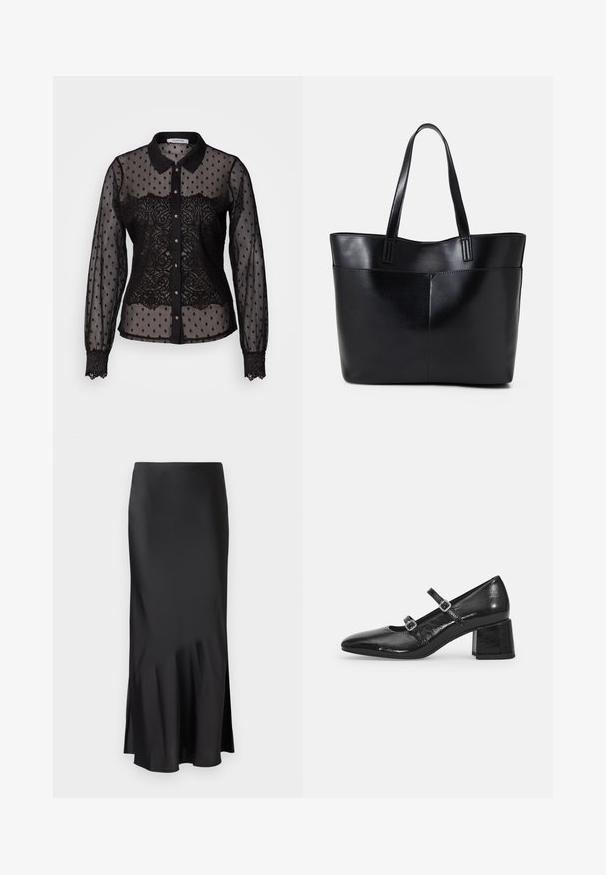Blusa negra transparente con lunares y detalles de encaje, diseño con cuello, mangas largas, cierre de botones y puños con ribete de encaje.; Falda midi de satén negro con un diseño elegante, que presenta un ligero vuelo en el dobladillo y una abertura lateral para facilitar el movimiento. Textura suave.; Zapatos Mary Jane de charol negro con punta afilada, dos correas ajustables y tacón cuadrado grueso. Textura suave y acabado brillante.; Bolso tote de cuero negro con dos asas largas, textura suave y forma estructurada. Cuenta con un bolsillo frontal para almacenamiento adicional.